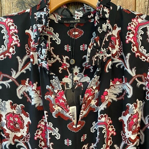Kobi Halperin Sz M NWT Black Red Levi Ruffle Smocked Cuff Flowy 100% Silk Blouse - Picture 5 of 10